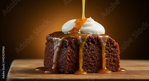 Delicious Sticky Toffee Pudding Garnished With Caramel And Cream Delight photo