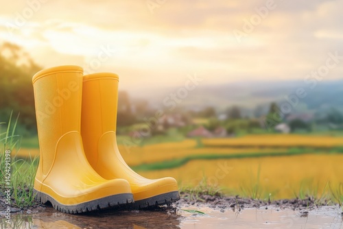 Bright yellow rain boots stand in a puddle of water on a grassy edge of a golden rice paddy. photo