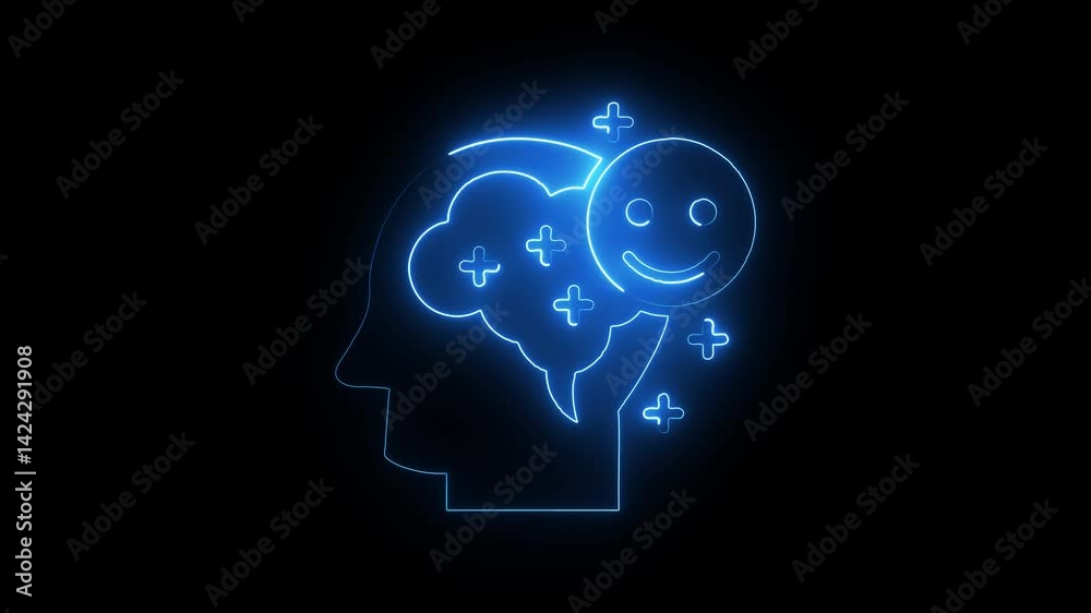 Glowing neon optimism icon isolated on black background. HD Video motion graphic animation Glowing neon optimism icon isolated on black background. HD Video motion graphic animation