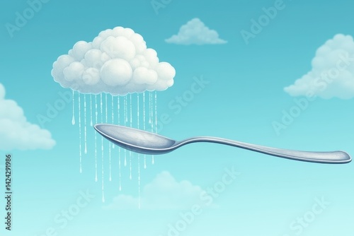 Surreal spoon raining cloud in blue sky