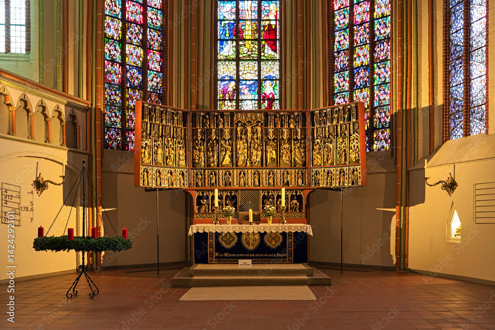 Luneburg, Germany. Altar of St. Johannis (Church of John the Baptist). The church was built between 1300 and 1370. The carved altar was made in the 15th century.
