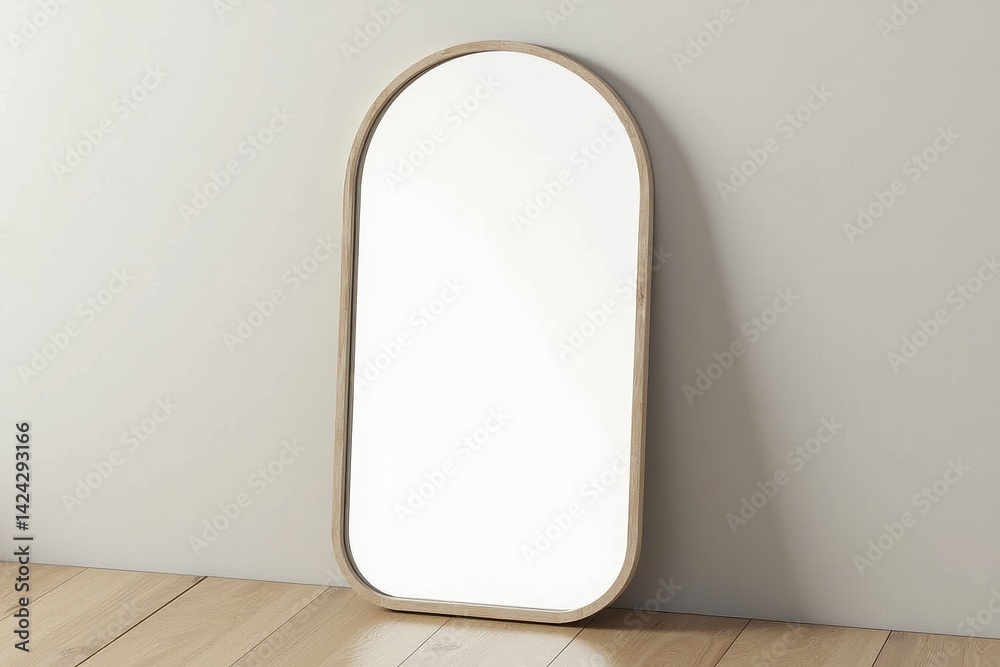 Mirror on wall with wooden frame reflecting minimalist design