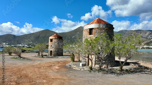 Schisma Elounda coastal town skyline and landscape in northern Crete, Aerial view