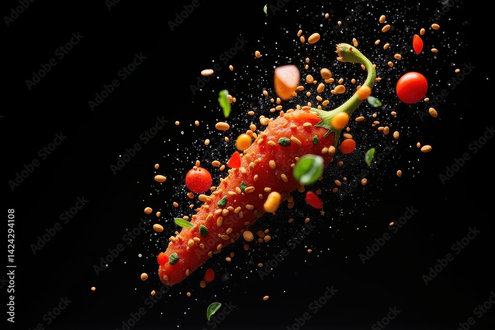 Spicy red chili pepper explosion in dark background