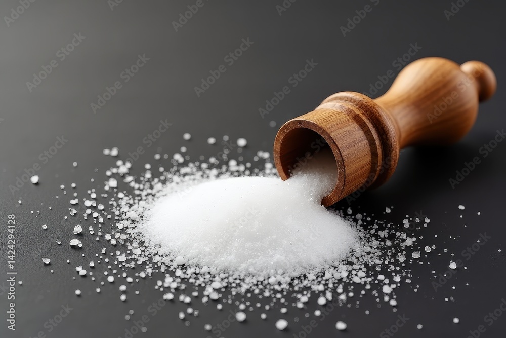 Salt crystals spilling wooden shaker