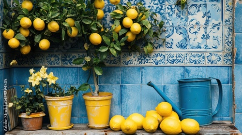 Lemon trees, blue tiles, watering can, garden