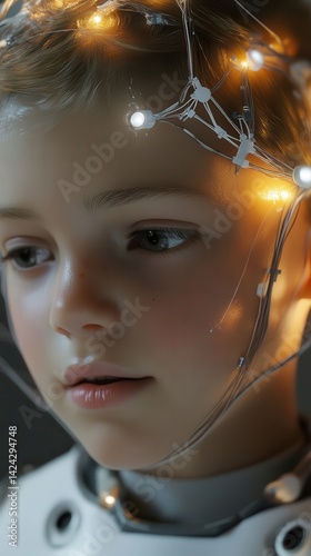 A young child with glowing neural implants, showcasing futuristic technology.