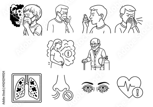 pm 2.5 particles impact concept. Health related illustrations depicting various respiratory and medical concerns.