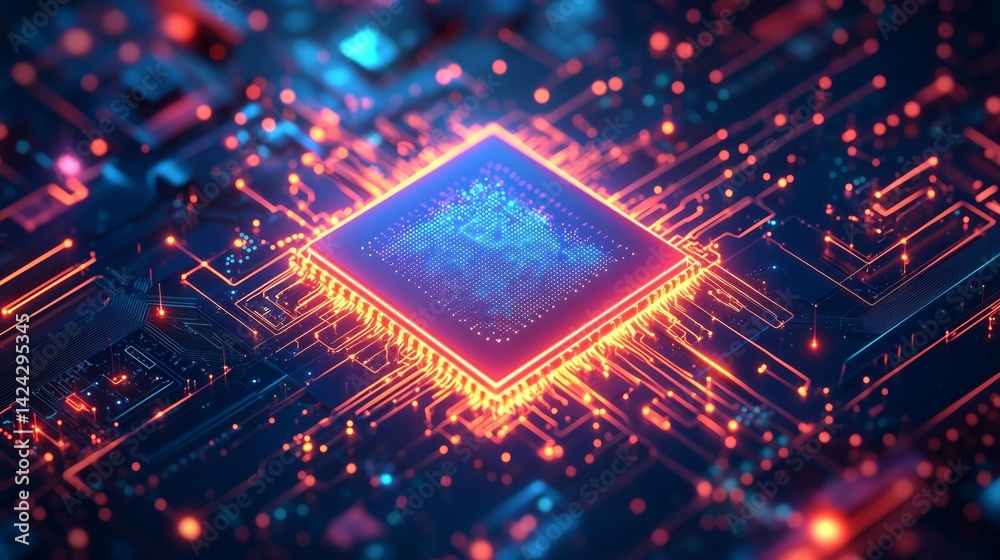 Futuristic glowing microchip on motherboard with neon lights, representing technology, innovation, and digital power.
Futuristic glowing microchip on motherboard with neon lights, representing technology, innovation, and digital power.