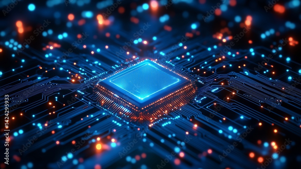 Fototapeta premium Futuristic glowing microchip on motherboard with neon lights, representing technology, innovation, and digital power.