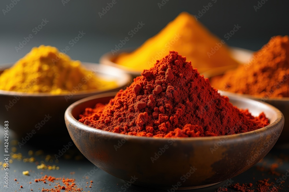 Variety of vibrant spices in bowls for culinary inspiration