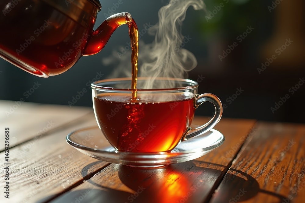 Steam rises as herbal tea is poured clear glass cup on rustic table
