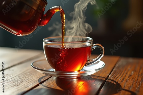 Obraz na płótnie Steam rises as herbal tea is poured clear glass cup on rustic table w salonie