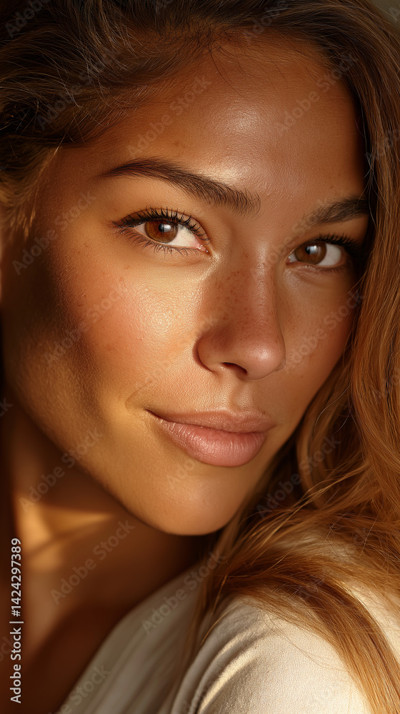 Obraz premium Nahportrait einer jungen Frau mit goldbrauner Haut und natürlichem Look im warmen Sonnenlicht