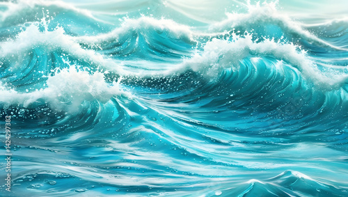 Obraz na płótnie A mesmerizing abstract summer background featuring turquoise blue ocean waves with a intricate surface texture, glistening with tiny droplets of water that refract the light. The waves gently undulate w salonie