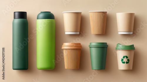 Wallpaper Mural Set of eco-friendly paper coffee cups and reusable travel mugs on beige background — sustainable drinkware mockup for branding and packaging Torontodigital.ca