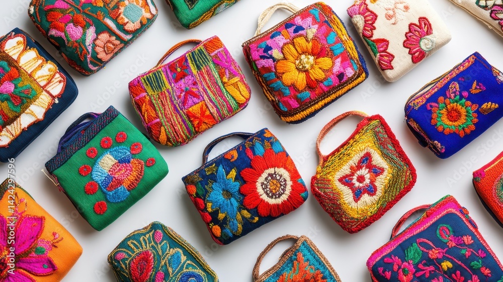 A collection of colorful embroidered bags arranged artistically on a white background, showcasing various designs and textures of the stitching.