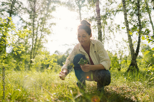 Female picking wild berries and holding strawberry bouquet in summer forest. Woman enjoying nature, healthy lifestyle and slow life outdoors