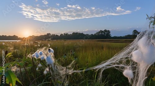 Serene natural landscape with cotton and spiderwebs at sunrise