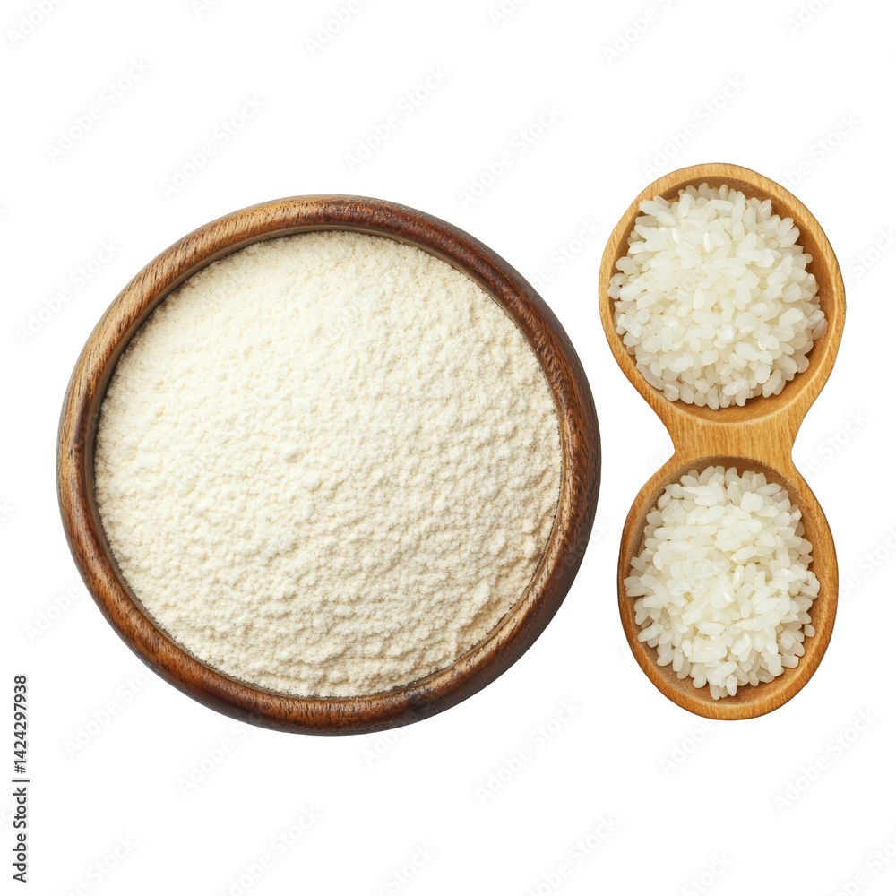 Top view of rice flour in a wooden bowl with two portions of white rice grains, ideal for gluten-free baking or cooking. Top view of rice flour in a wooden bowl with two portions of white rice grains, ideal for gluten-free baking or cooking.