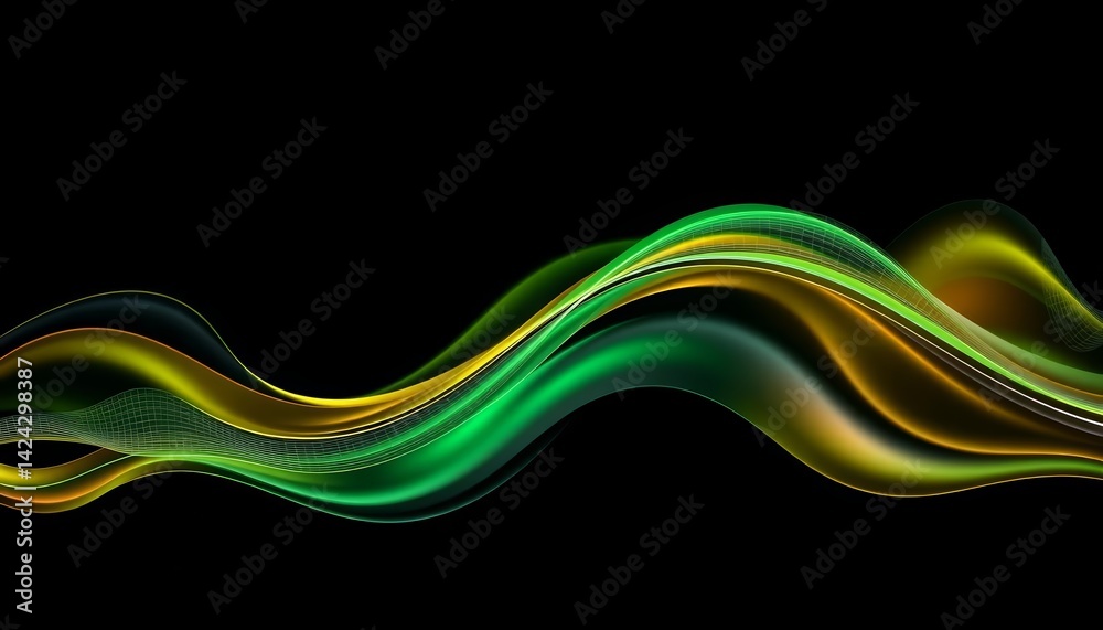 Obraz premium Abstract flowing black, green, and yellow waves; sleek, modern tech design, futuristic, digital