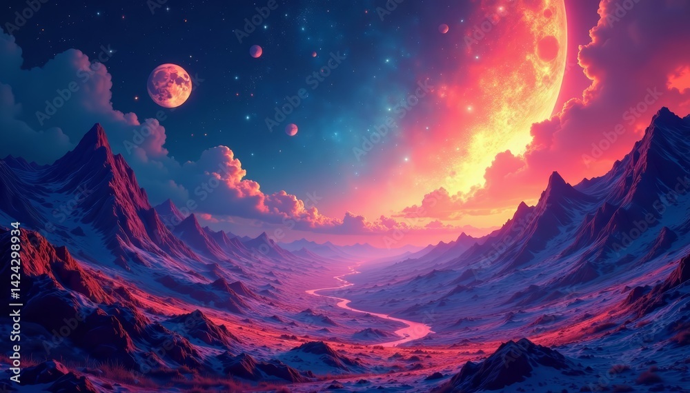 Fototapeta premium Abstract generative AI depiction of cosmic landscapes with bright hues and intricate patterns, landscapes, technology, digital art