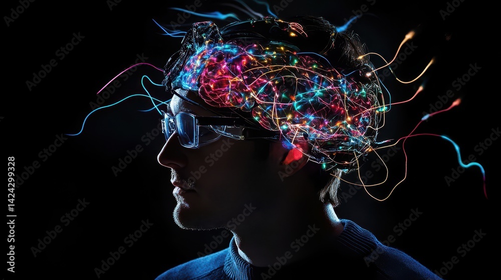 Obraz premium A person's brain illuminated with colorful light, showcasing intricate neural connections.