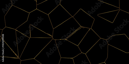 3D broken glass quartz Voronoi diagram vector background. black color Broken Stained-Glass Background with golden lines. Papercut geometric mosaic tiles pattern background. Seamless vintage vector bg.