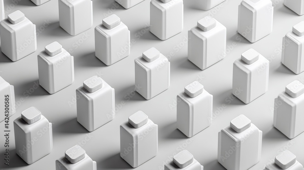 Minimalist product shot multiple identical white rectangular cartons with caps arranged in a perfect repeating grid on neutral background, emphasizing uniformity abundance, clean studio lighting Minimalist product shot multiple identical white rectangular cartons with caps arranged in a perfect repeating grid on neutral background, emphasizing uniformity abundance, clean studio lighting