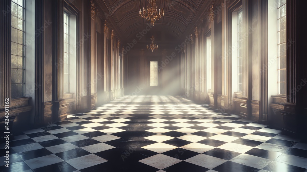 Hallway with Checkered Floor and Sunlight Streaming Through Windows Creates Ambience