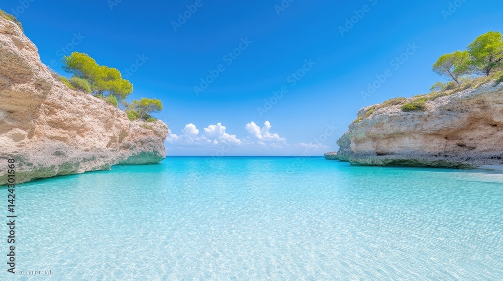 Fototapeta premium Secluded Cove Turquoise Waters Vibrant Sunny Style High-Definition Landscape Wide Panoramic View Crystal Clear Water Relaxation Paradise Bright Azure Tones Ideal for Travel Brochures
