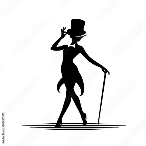 Elegant Female Dancer Silhouette with Top Hat and Cane