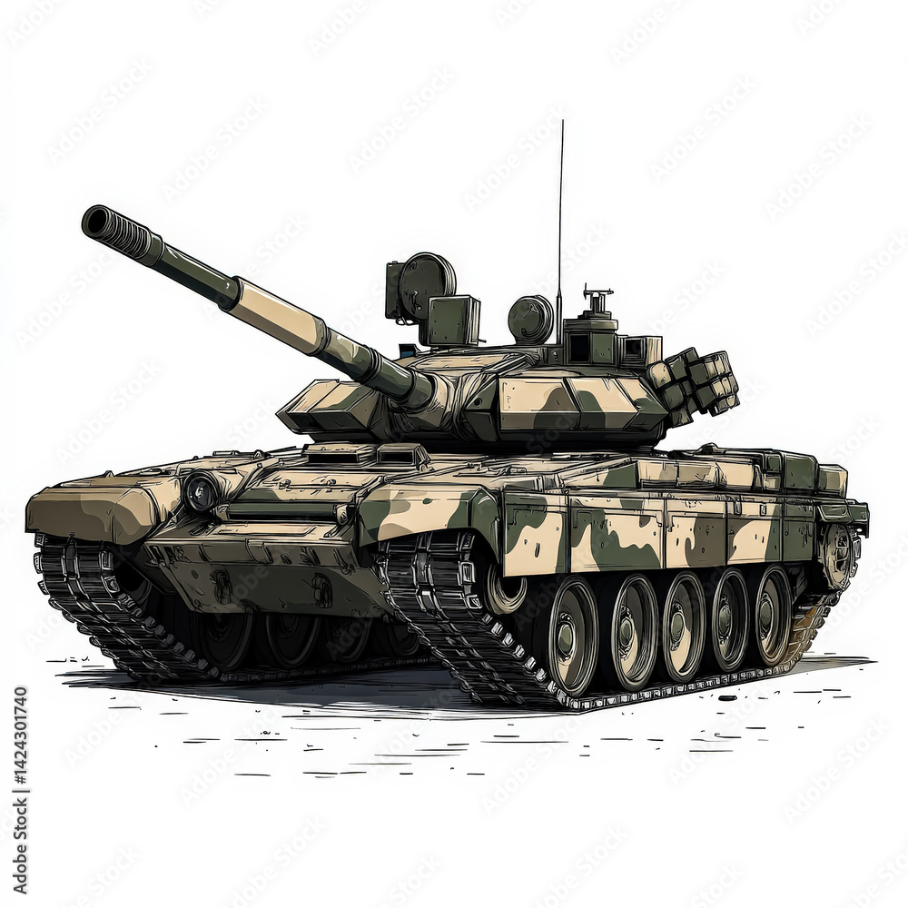 Large tank with a camouflage pattern is shown in a white background Large tank with a camouflage pattern is shown in a white background