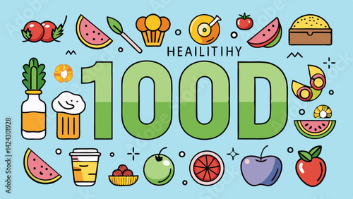 Hundred days healthy eating challenge illustration with fruits vegetables and healthy meals