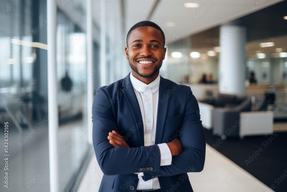 Fototapeta premium Smiling portrait of a young African American businessman in a modern business office in new york