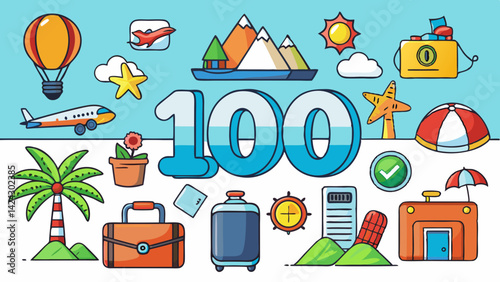 One hundred travel icons and destination related illustration with summer holiday vocation theme