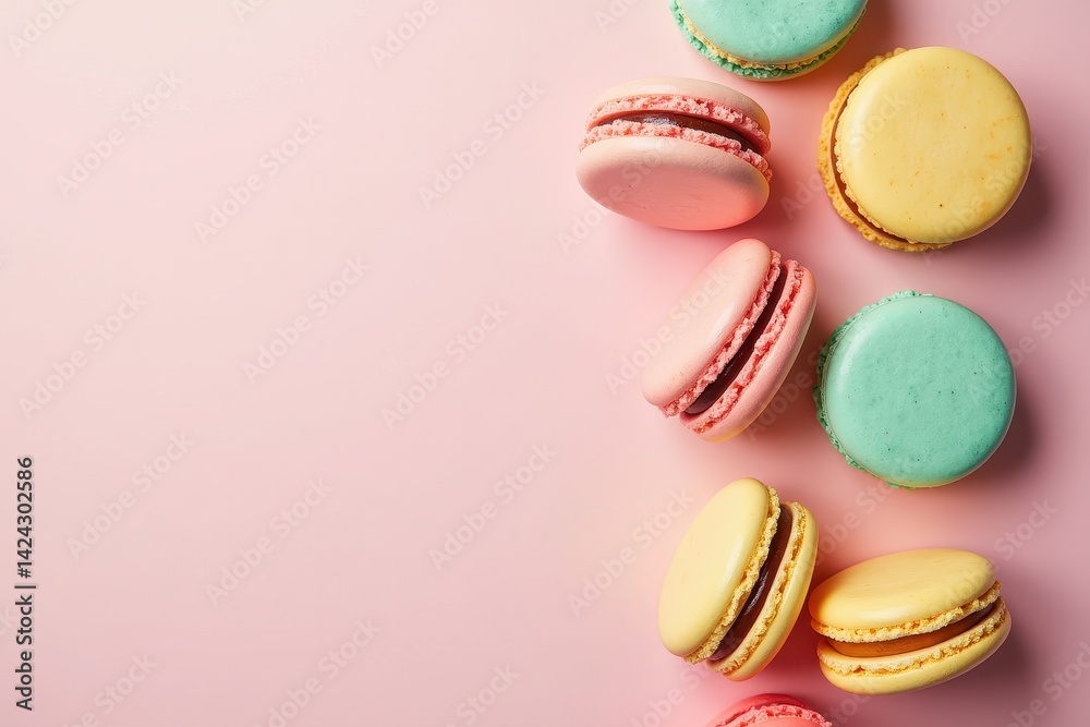 Colorful macarons on soft pink background