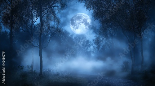 Glowing Full Moon Shining Over Foggy Forest Path at Night