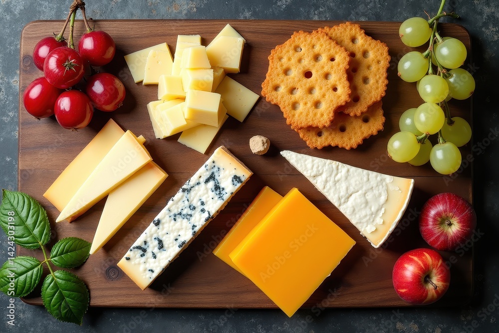 Assorted cheeses fruits on wooden board
