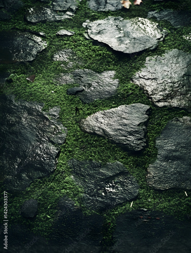 The deep green moss on the courtyard slate The deep green moss on the courtyard slate