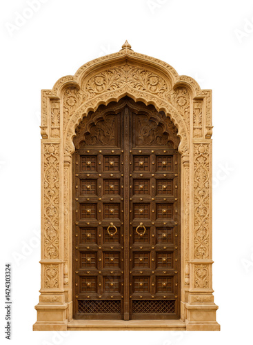 Traditional Indian wooden door with carved arch