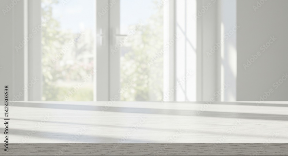 Fototapeta premium Bright sunlight through window illuminating clean white surface ideal for product displays