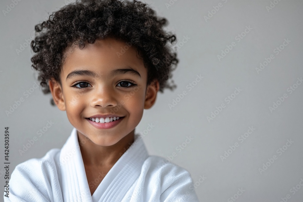Smiling boy with curly hair wearing a white martial arts uniform, posing against a neutral background Smiling boy with curly hair wearing a white martial arts uniform, posing against a neutral background