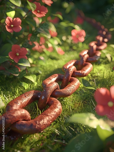 The broken iron chain on the grassland coexists harmoniously with nature photo