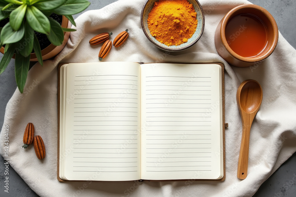 Open notebook natural ingredients on soft fabric