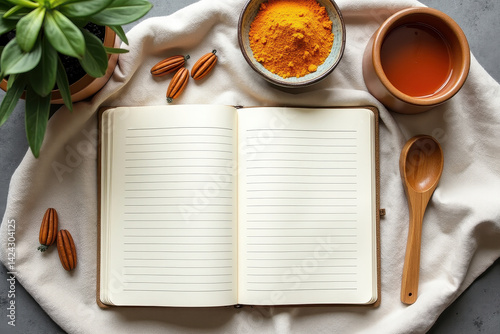 Obraz na płótnie Open notebook natural ingredients on soft fabric w salonie