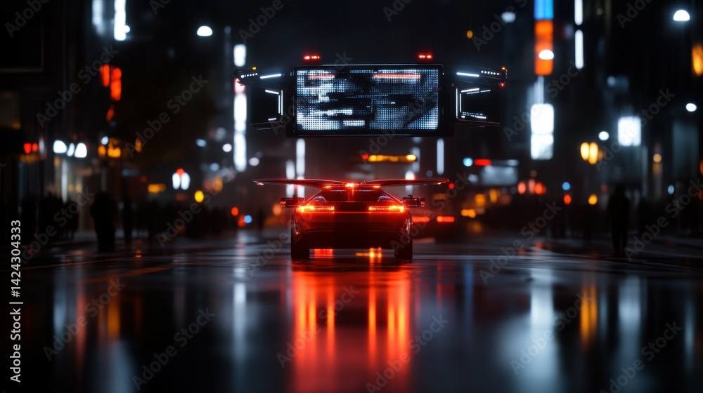 Fototapeta premium Conceptual cityscape with flying cars and holographic billboards.