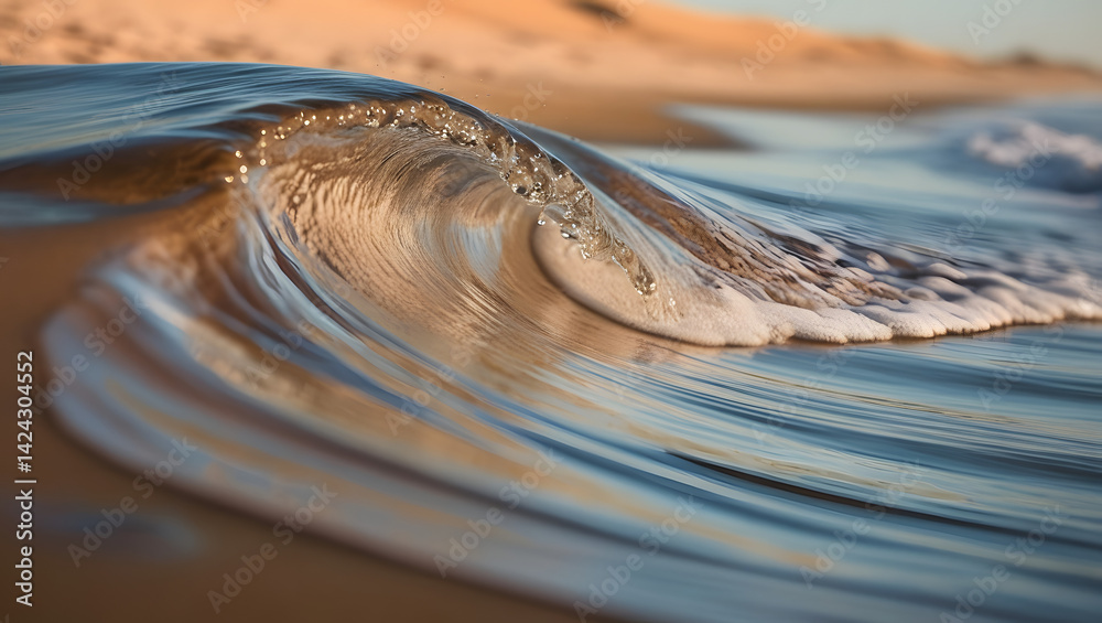 a highly detailed and cinematic photograph of a gentle, rolling wave cresting on a sun-kissed sandy beach, with the camera positioned extremely close to the water's edge, capturing the intricate textu