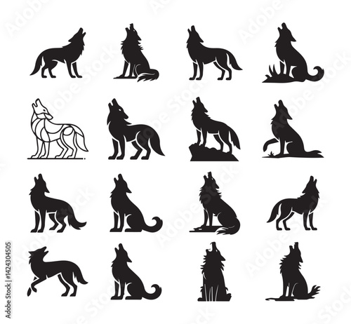 Silhouette set of howling wolf vector collection on white background 
