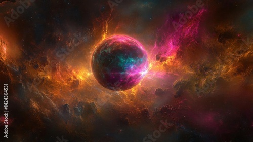 Cosmic Energy: A Colorful Planet Amidst Nebula, Stars, and Galaxy